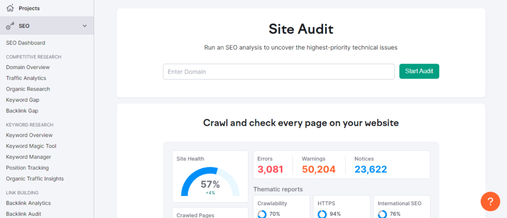 Site audit by Semrush