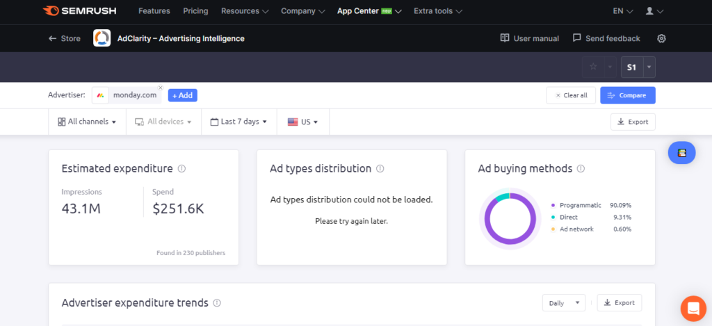 Search by advertisers in AdClarity