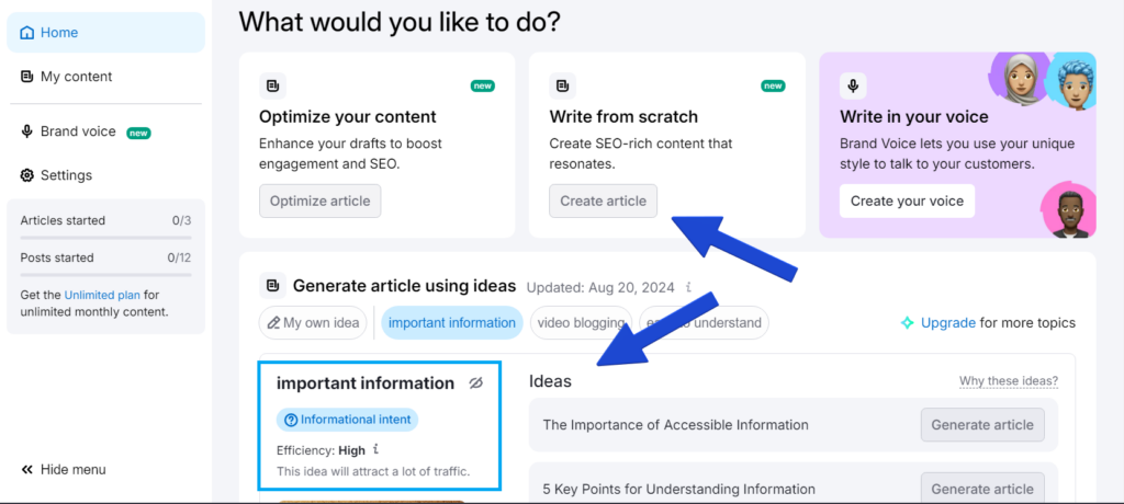 choose content idea or start form scratch