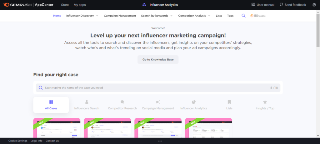 Influencer analytics homepage