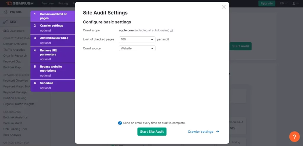 Configuer site audit settings Semrush