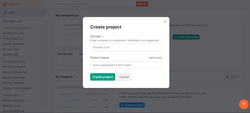 Create project -Semrush