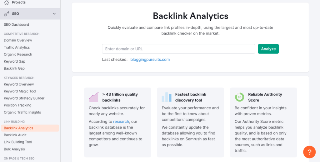 Backlink Analytics Tool by Semrush