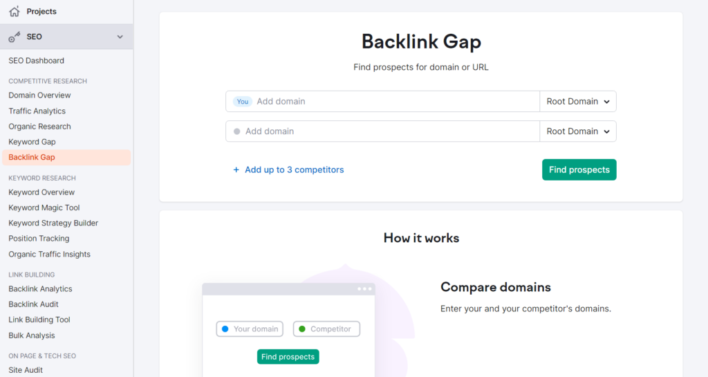 Backlink Gap Tool by Semrush