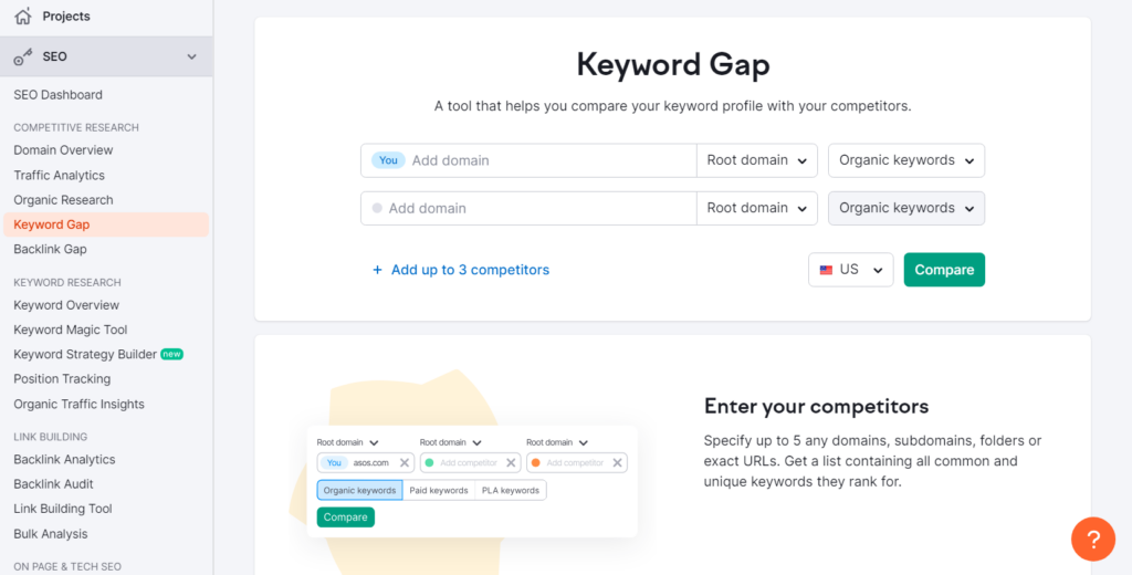 Keyword Gap Tool by Semrush