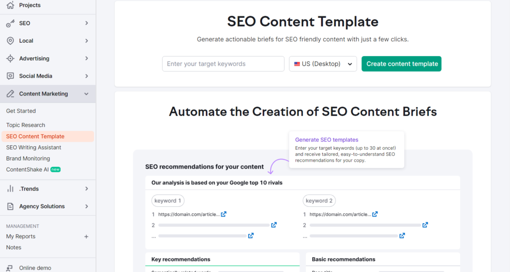 SEO Content Template Tool by Semrush