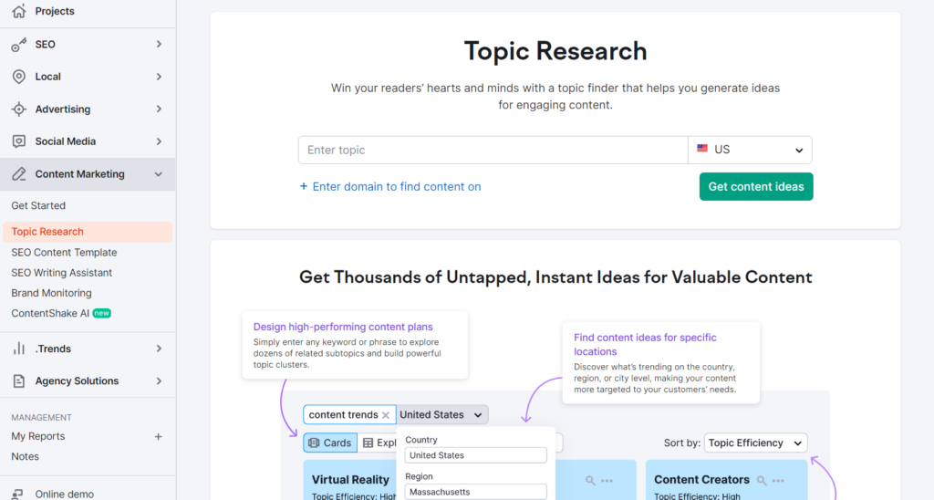 Topic Research Tool by Semrush