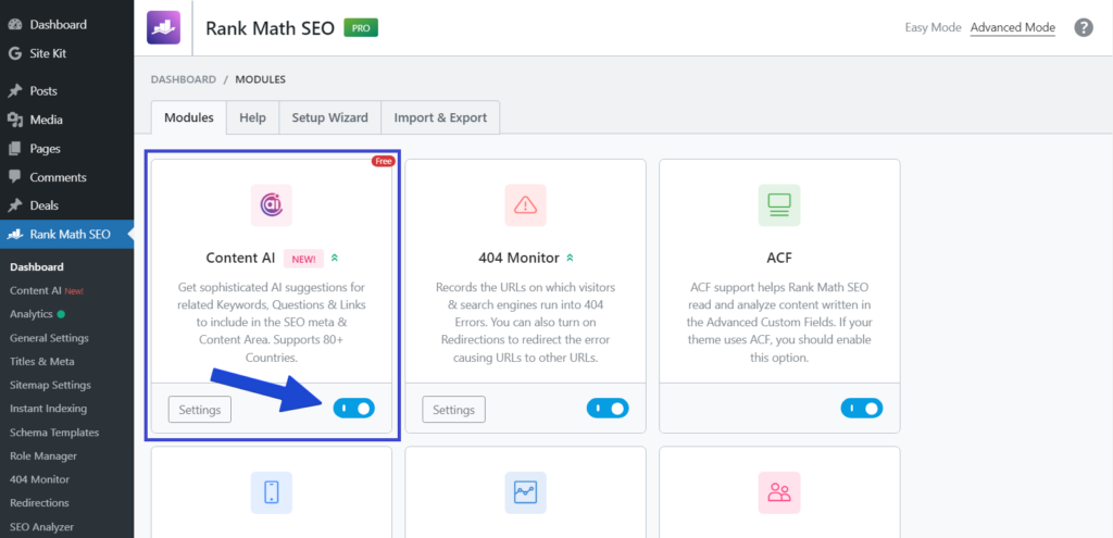 Enabling Content AI module - Rank Math