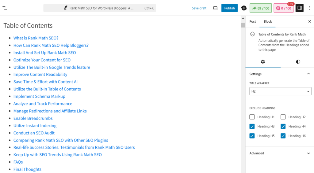 The Rank Math Table Of Contents Block