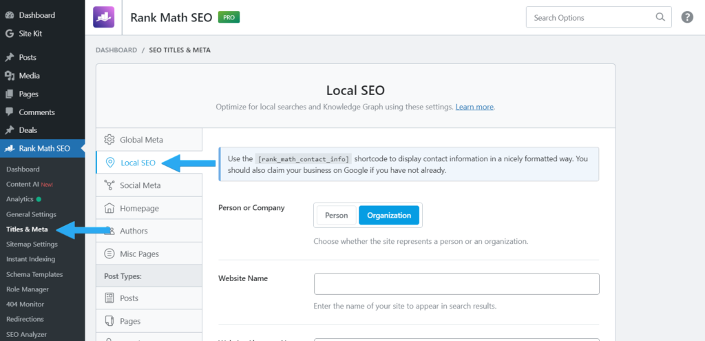 Locate Local SEO settings 