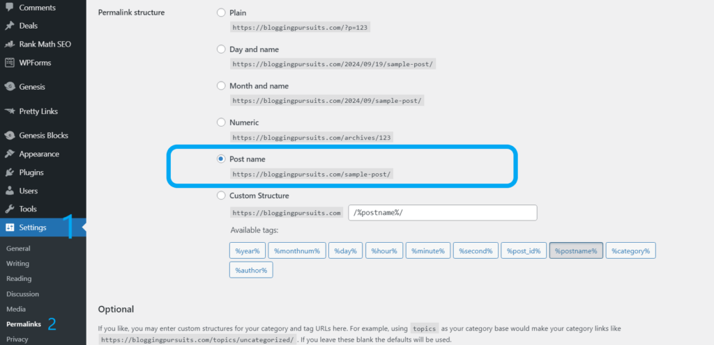 WordPress Premalink structure settings