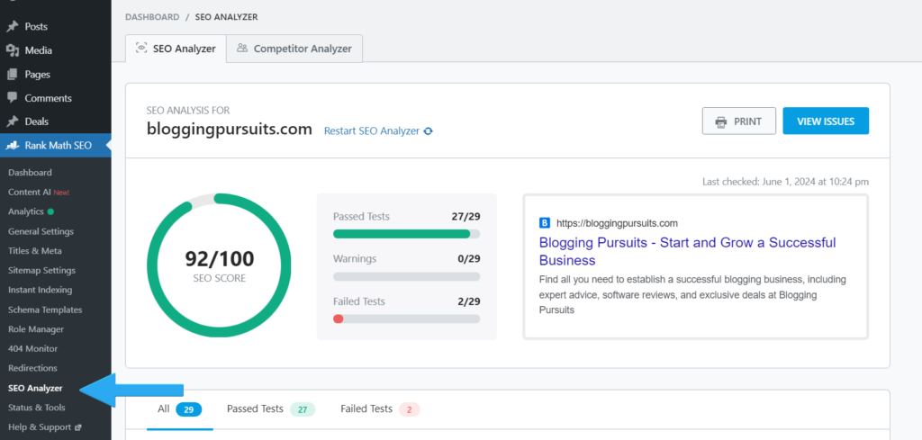 SEO site audit using the SEO analyzer tool by rank math