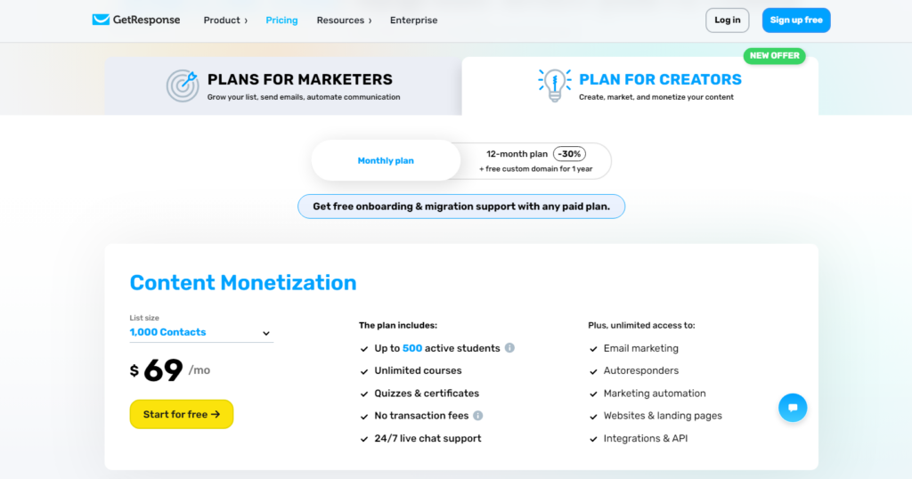 GetResponse Content Monetization Pricing Plan