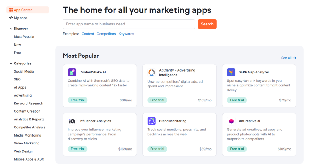 Semrush app center homepage